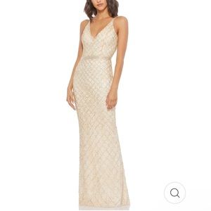 Mac Duggal 4 Nude Lattice Pattern Beaded Maxi Gown NWT Criss Cross Open Back